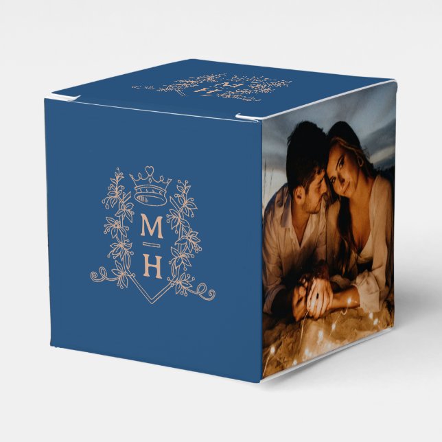 Monogram crown crest blue rose gold photo wedding favour box (Front Side)