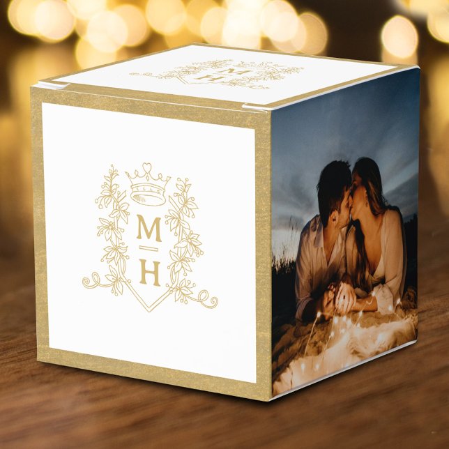 Monogram crown crest white gold photo wedding favour box (Creator Uploaded)