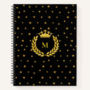 Monogram, Crown, Laurel & Golden stars on Black Notebook