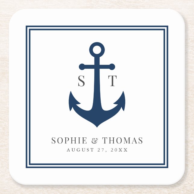 Monogram Custom Border and Anchor Colour Nautical Square Paper Coaster (Front)