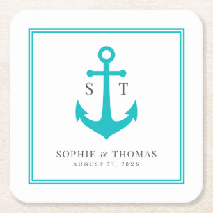 Monogram Custom Border and Anchor Colour Nautical Square Paper Coaster