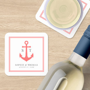 Monogram Custom Border and Anchor Colour Nautical Square Paper Coaster