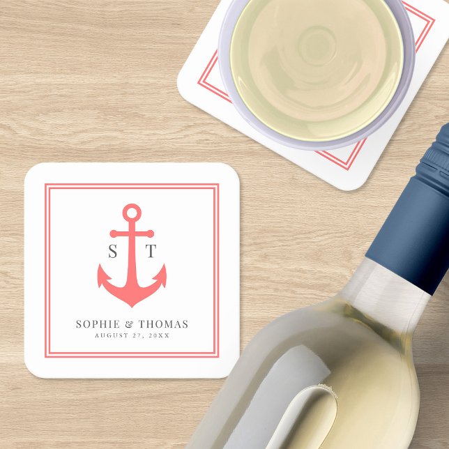 Monogram Custom Border and Anchor Colour Nautical Square Paper Coaster (Creator Uploaded)