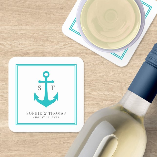 Monogram Custom Border and Anchor Colour Nautical Square Paper Coaster (Creator Uploaded)
