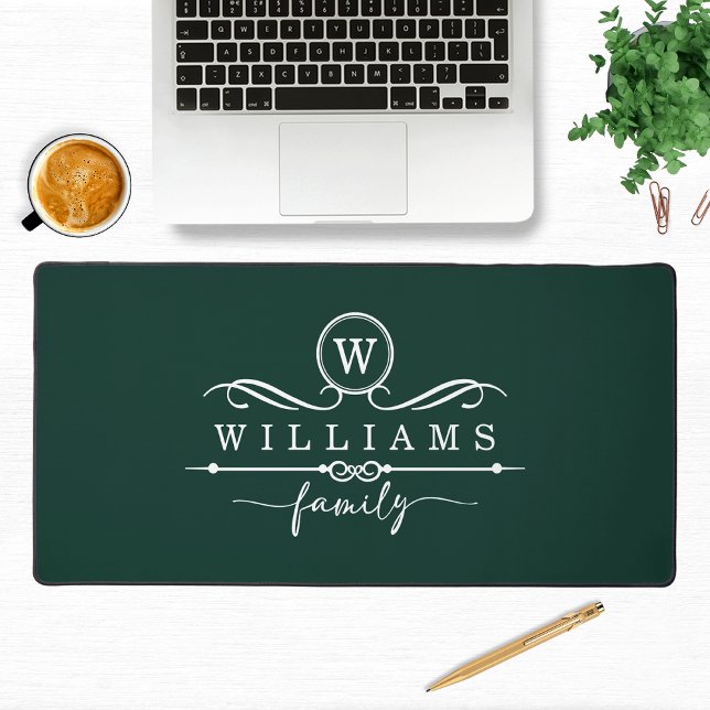 Monogram Custom Family Name Green White Script Desk Mat (Creator Uploaded)