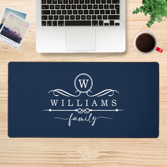Monogram Custom Family Name White Script Desk Mat (Creator Uploaded)