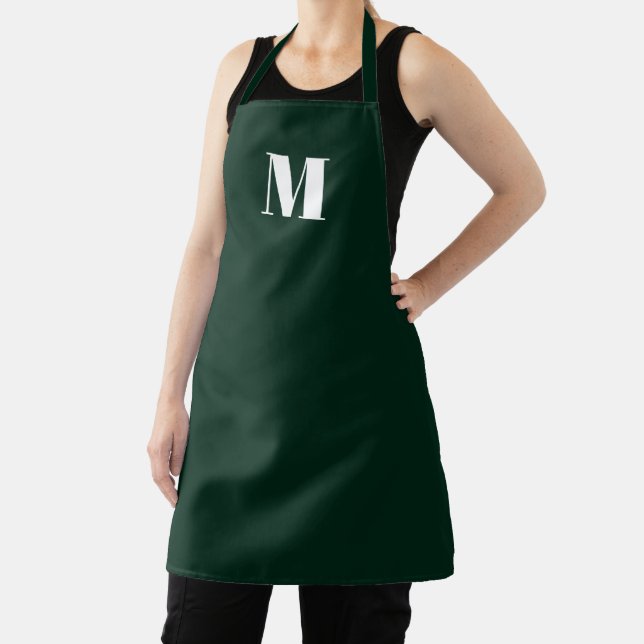 Monogram custom initial dark green white apron (Insitu)