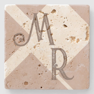 Monogram custom initials brown neutral geometric stone coaster