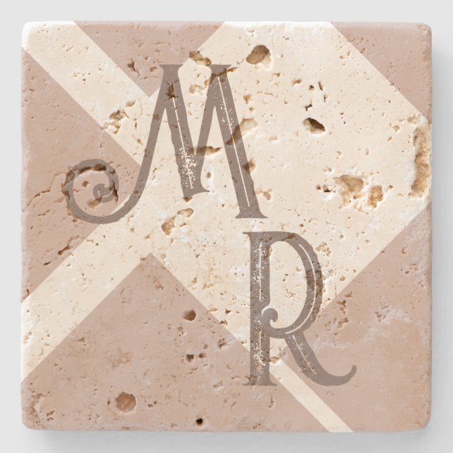 Monogram custom initials brown neutral geometric  stone coaster (Front)