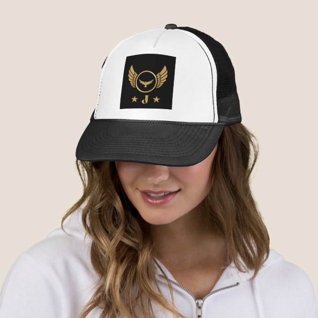 Monogram Custom J Initial Printed White and Black Trucker Hat (In Situ)