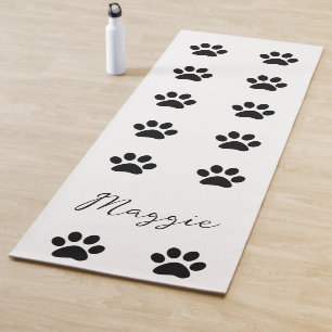 Monogram Custom Name Black White Paw Print Pattern Yoga Mat
