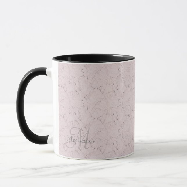 Monogram Custom Name Blush Pink Grey Marble Design Mug (Left)