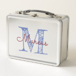 Monogram Custom Name Boy Metal Lunch Box<br><div class="desc">Monogrammed custom name metal lunch box for a boy. Hand sketched type style initial and script name in blue and burgundy to customise for your son.</div>
