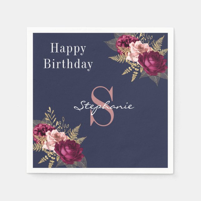 Monogram Custom Name Burgundy Pink Gold Floral  Napkin (Front)