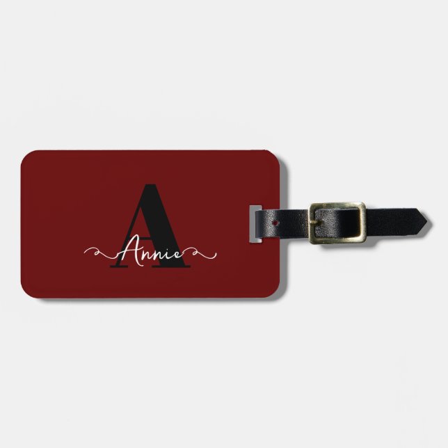 Monogram Custom Name Burgundy Red Gift Favour Luggage Tag (Front Horizontal)