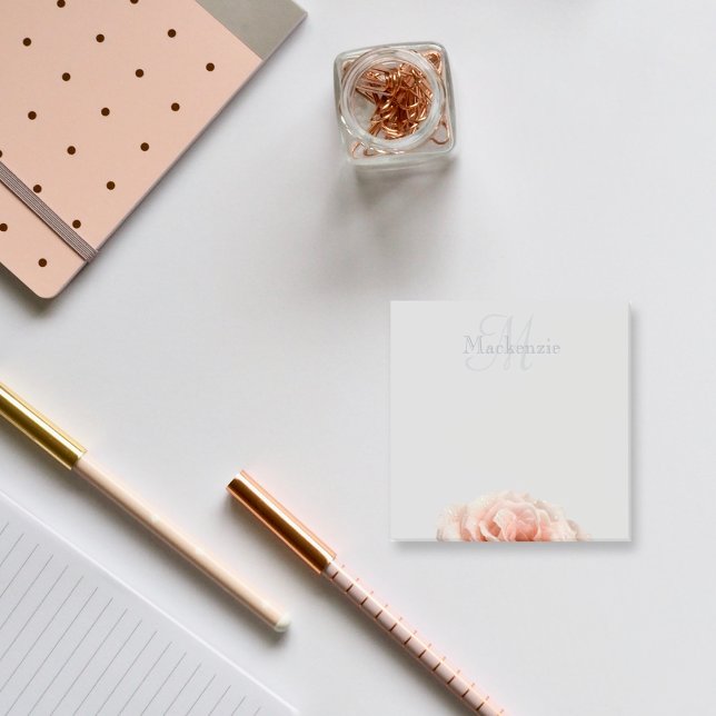 Monogram Custom Name Floral Blush Pink Rose Grey Post-it Notes (Creator Uploaded)