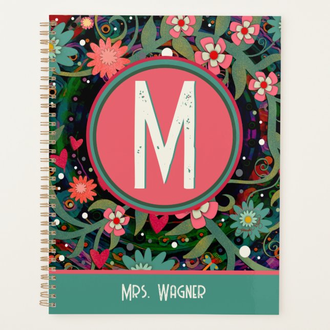 Monogram Custom Name Floral Teacher  Planner (Front)