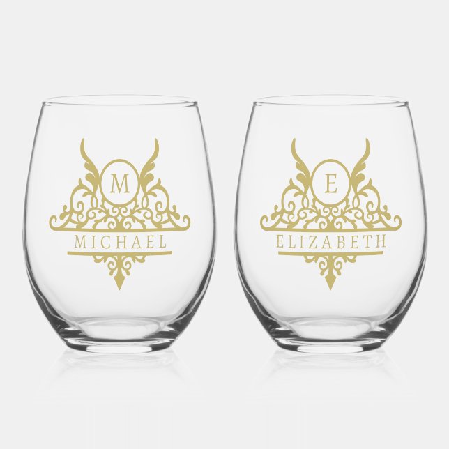 Monogram Custom Name Ornate Personalised Stemless Wine Glass (Front)