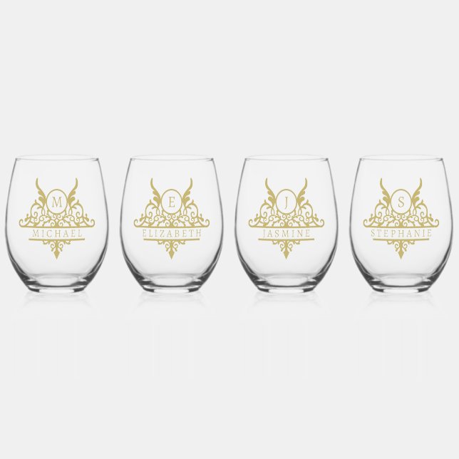 Monogram Custom Name Ornate Personalised Stemless Wine Glass (Front)