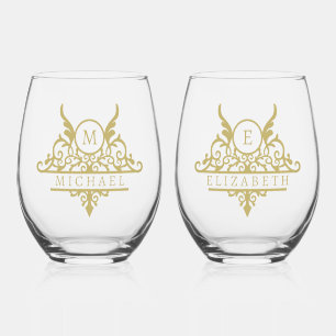 Monogram Custom Name Ornate Personalised Stemless Wine Glass