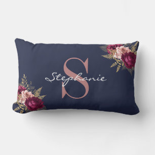 Monogram Custom Name Pink Gold Burgundy Floral Lumbar Cushion