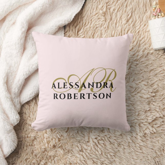 Monogram Custom Pastel Pink Gold Black Minimalist  Cushion (Blanket)