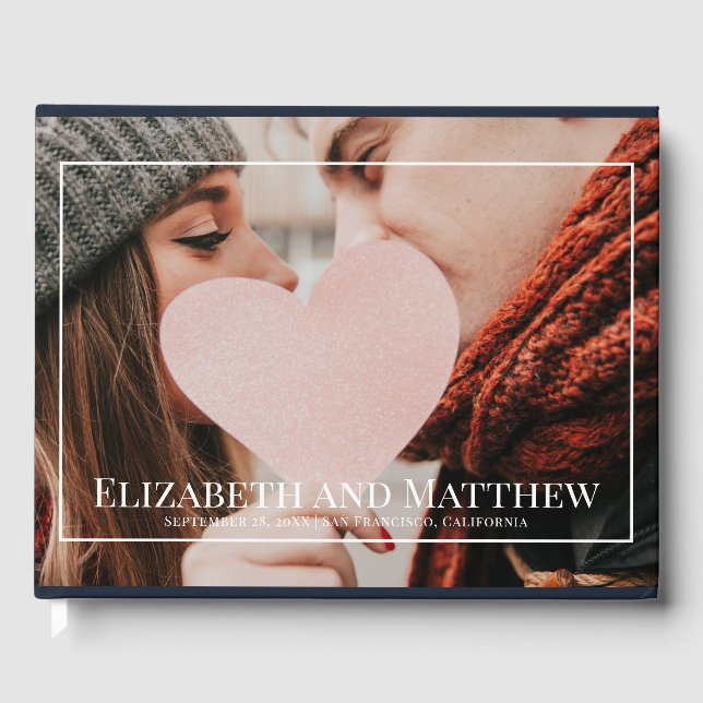 Monogram Custom Photo on White Frame Wedding Guest Book (Front)