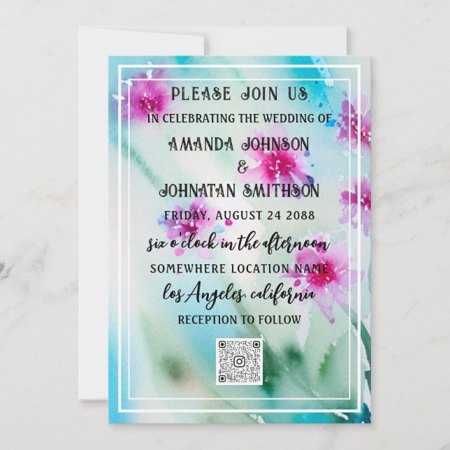 Monogram Custom Photo QR Code Blue Pink Meadow Invitation (Front)