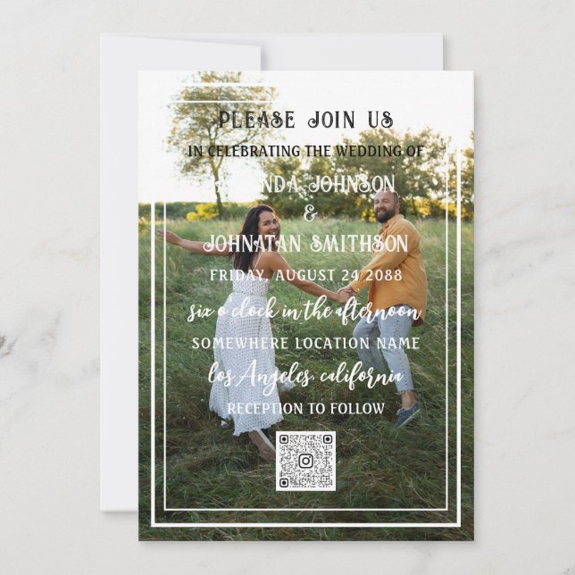 Monogram Custom Photo QR Code Framed Green Invitation (Front)
