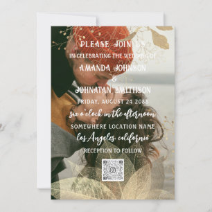 Monogram Custom Photo QR Code Golden Linen Invitation