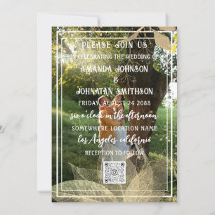 Monogram Custom Photo QR Code Woodland Gold Green Invitation