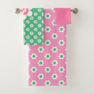 Monogram Custom Retro Daisies Pink and Green Bath Towel Set