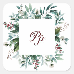 Monogram customisable frame green berries branch square sticker