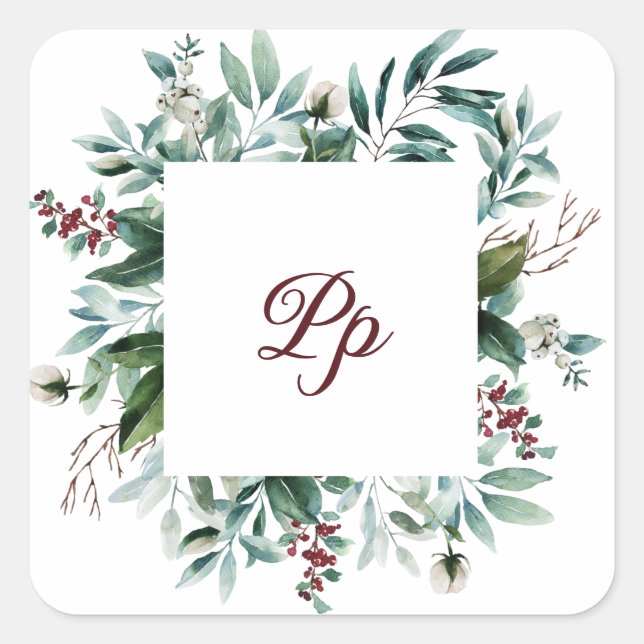 Monogram customisable frame green berries branch  square sticker (Front)