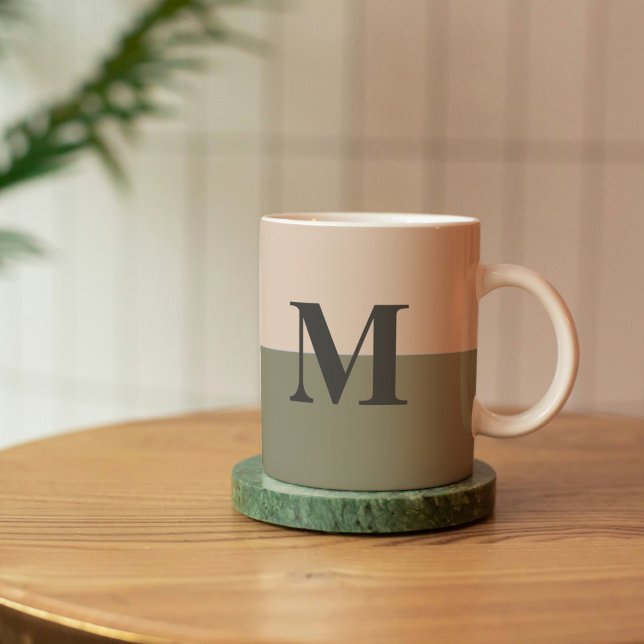 Monogram Customised Blush Pink Sage Green Coffee Mug (Pink and Sage Green Monogram Mug)