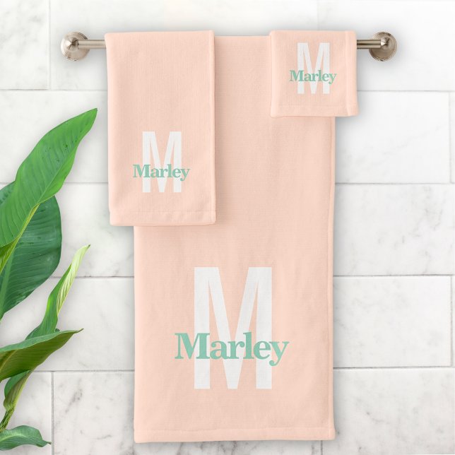 Monogram Cute Blush Pink Bold Modern Stylish Chic Bath Towel Set (Creator Uploaded)