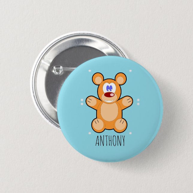 Monogram cute brown teddy bear on blue 6 cm round badge (Front & Back)