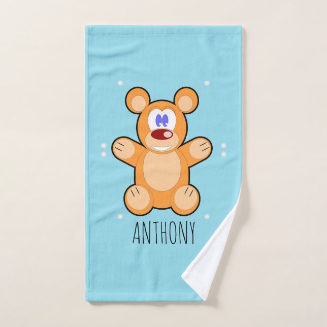 Monogram cute brown teddy bear on blue hand towel (Hand Towel)
