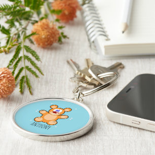 Monogram cute brown teddy bear on blue key ring