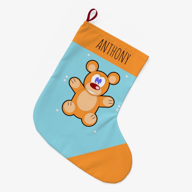 Monogram cute brown teddy bear on blue large christmas stocking (Front (Hanging))