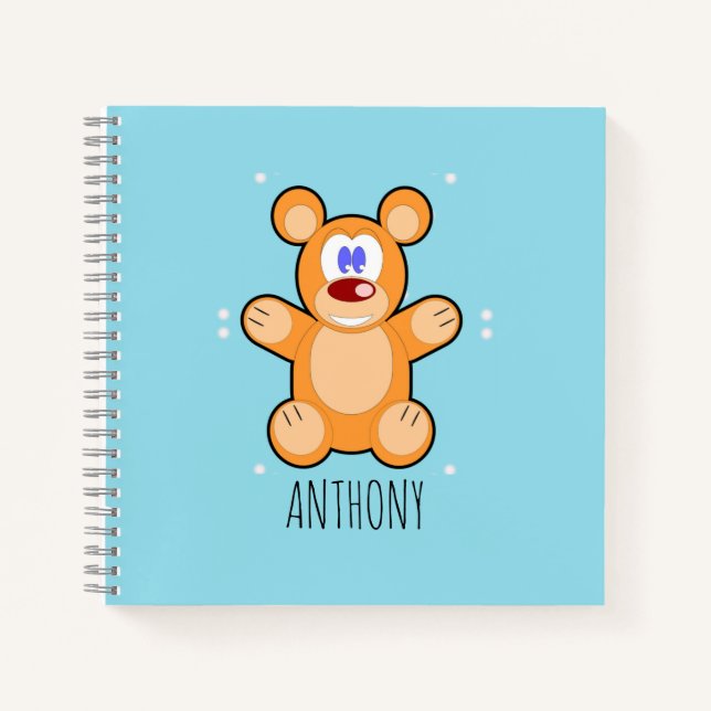 Monogram cute brown teddy bear on blue notebook (Front)