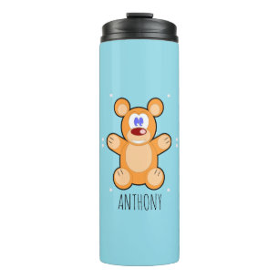 Monogram cute brown teddy bear on blue thermal tumbler