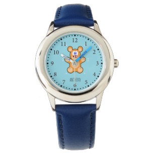 Monogram cute brown teddy bear on blue watch