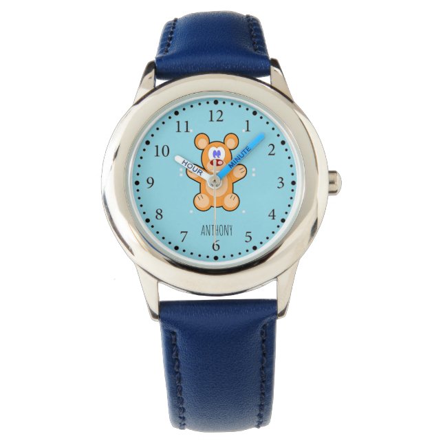 Monogram cute brown teddy bear on blue watch (Front)