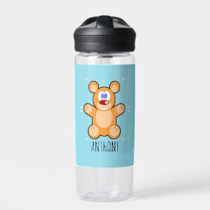 Monogram cute brown teddy bear on blue water bottle