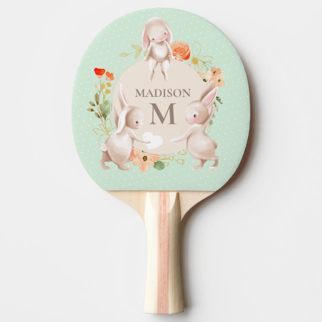 Monogram Cute Bunny Rabbits Floral Personalised Ping Pong Paddle (Front)