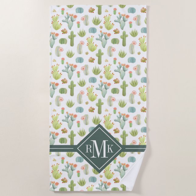 Monogram | Cute Cactus Standing Pattern Beach Towel (Front)