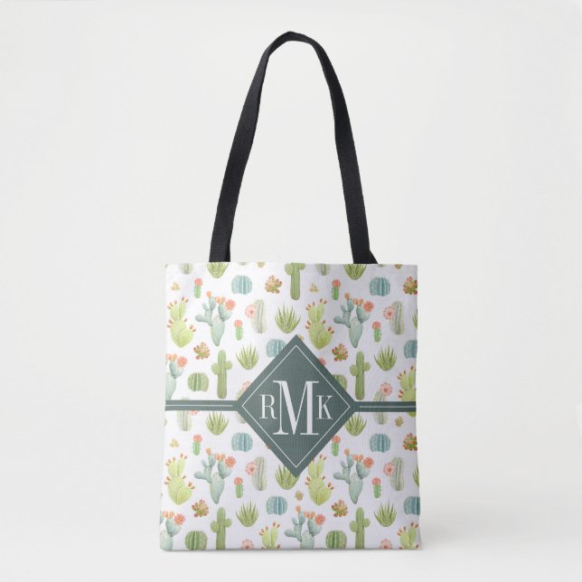 Monogram | Cute Cactus Standing Pattern Tote Bag (Front)