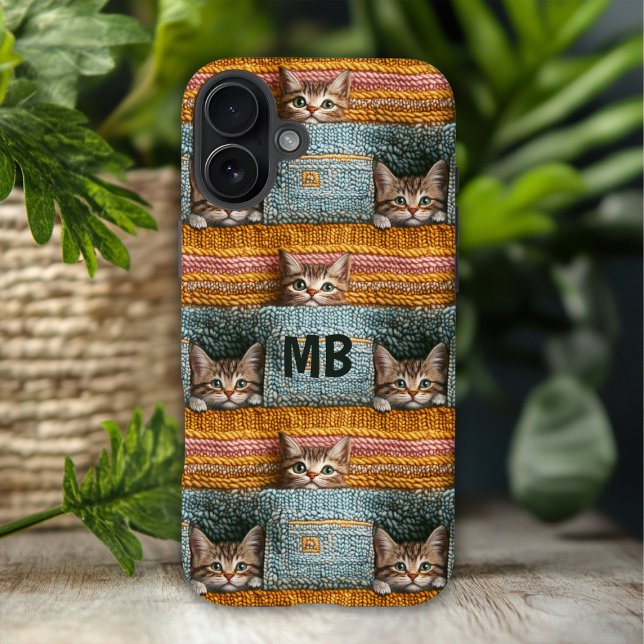 Monogram Cute Cats Knitted Girly Personalised Case-Mate iPhone Case (Creator Uploaded)