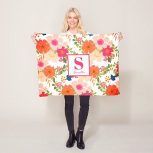 Monogram Cute Chic Floral Fleece Blanket